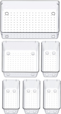 Flexcube 6 Compartments Acrylic Cosmetics Drawer Organizer Storage Bins With Various Size Storage Tray for Makeup, Dresser, Office and Kitchen(Clear)