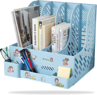 KRAPTICK 4 Compartments Plastic File Rack, File Storage Rack, File Organizer, File Storage with Pen Holder(Sky Blue)