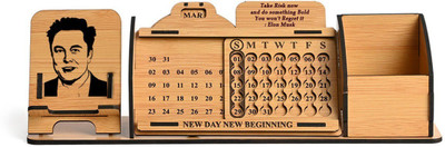 GIFT KYA DE 1 Compartments Wooden Desk Calendar Lifetime Perpetual Calendar 2023 with Mobile & Pen Stand Elon Musk(Bamboo)