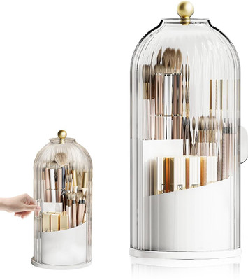 KREPS 2 Compartments Plastic 360 Rotating, Makeup Brush Holder, Cosmetic, Stationary, Office Desk Organizer(White)