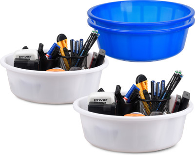 KUBER INDUSTRIES 4 Compartments Plastic Desk Organizer(Blue, White)