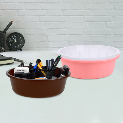 KUBER INDUSTRIES 3 Compartments Plastic Desk Organizer(Light Pink & White & Brown)
