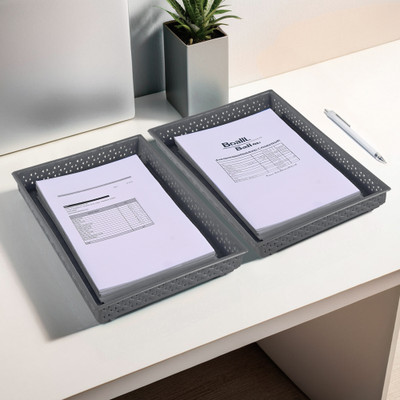 KUBER INDUSTRIES 2 Compartments Plastic Desk Organizers(Grey)