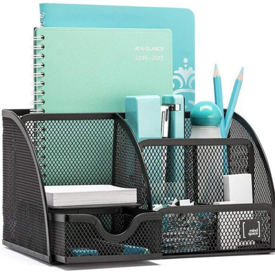 Goodwill Tech 6 Compartments Metal 6 Compartment Multi-Functional Black Metal Pen Stand Mesh Style Desk Organizer(Black)