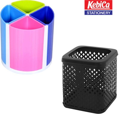 Kebica 2 Compartments Mesh Pen Holder, Plastic Pen Holder Standard Mesh Iron Pencil Stand,Pen Holders,Pencil Holder for Office Pack of 2(Black or Multi)