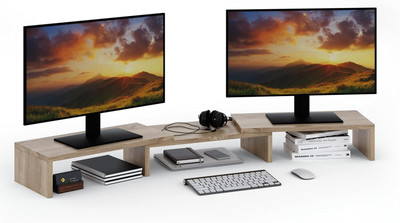 UniAart 3 Compartments Wooden Free Standing Monitor Stand for Desk(Beige)