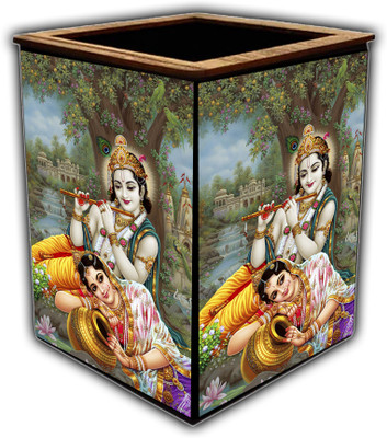 pnf 1 Compartments wooden Colourful Wooden Pen Stand with photo of Radha Krishna -22613(Multicolor)