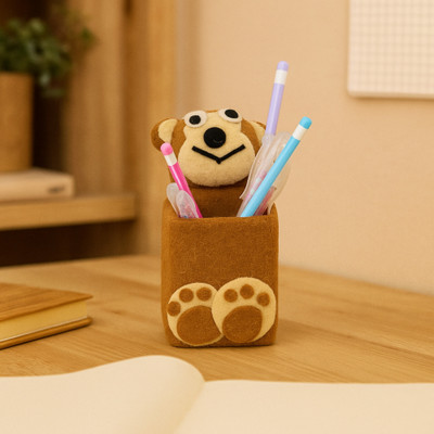Stitch and Sparkle 1 Compartments Handmade Wool Blend Desk Organizer – Cute Bear Design Pen Stand for Storing Pens, Pencils, Brushes and Stationery for Kids Study Table, Office and Home(Brown)