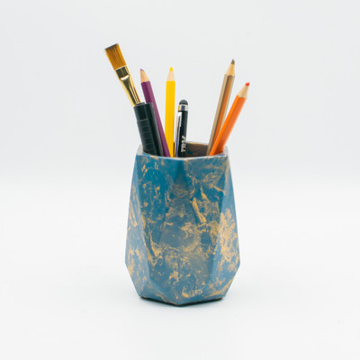 Dwell dapper 1 Compartments Concrete Pen Stand(Cyan, Golden)