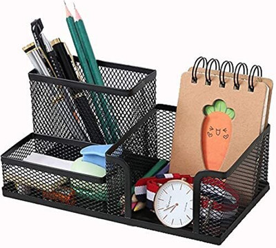 SkyFurnish 3 Compartments Metal mesh Multipurpose Mesh Desk Organizer | Pen Stand, Stationery Holder(Black)