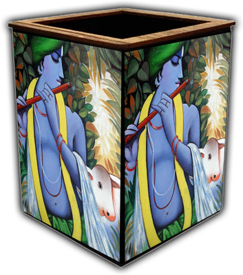 pnf 1 Compartments wooden Colourful Wooden Pen Stand with photo of Radha Krishna -2937(Multicolor)