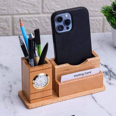 UrbanLane 3 Compartments Wooden Pen holder(White)