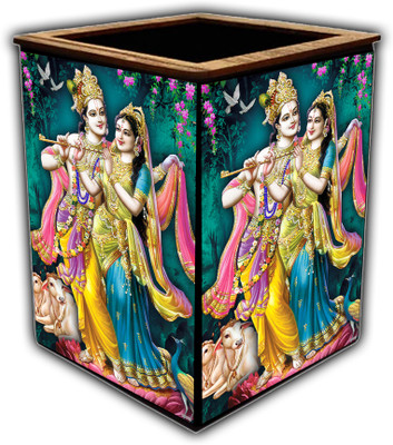 pnf 1 Compartments wooden Colourful Wooden Pen Stand with photo of Radha Krishna -20025(Multicolor)