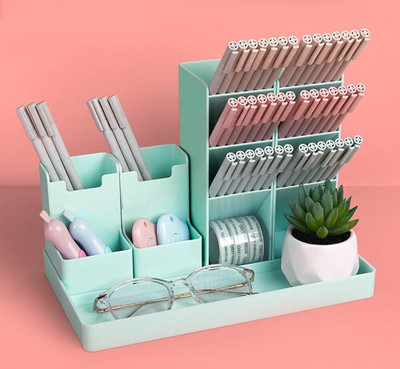 Estervig 13 Compartments Plastic Desktop Organizer Stand with Pen Pencil Holder - Multi-Compartment Storage Box(Green)
