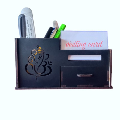 FWS 3 Compartments Wooden Pen stand(Black)