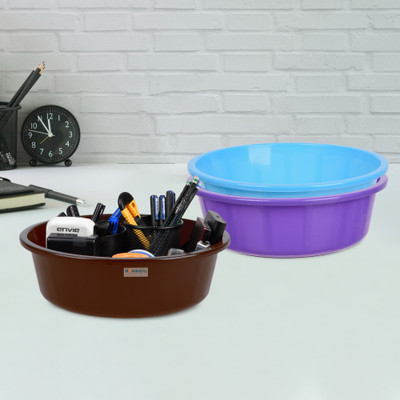 HOMESTIC by Kuber Industries 3 Compartments Plastic Desk Organizer(Purple & Sky Blue & Brown)