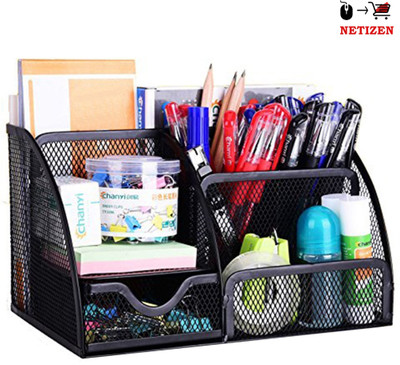 netizen 6 Compartments Metal Quality Multipurpose Mesh Desk Organizer Pen Holder for office and students(Black)