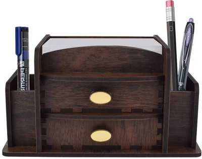 HOSTK 4 Compartments wooden office table pen stand(Black)