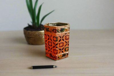 Puja Celebrations 1 Compartments Rexine with meenakari work pen stand(Multicolor)