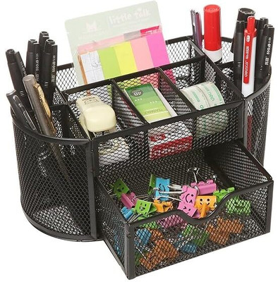 SkyFurnish 9 Compartments Metal mesh Desk Organizer Stationary item Sticky Notes, Ruler, Cards for Office, School(Black)