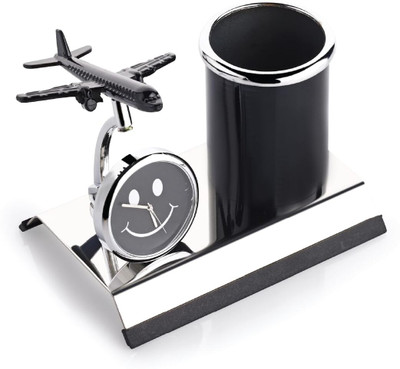 BRIZEM 1 Compartments Aeroplane Miniature Pencil Holder with Clock, Decorative Office Desk Organizer, pen stand(Black)