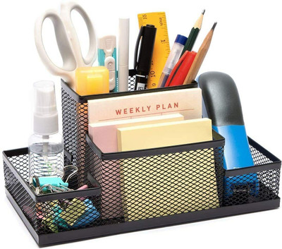 Viradiya's 4 Compartments Metal Stationery Storage Holder(Black)