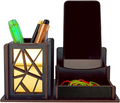 AJANTA ROYAL 3 Compartments MDF Wood Pen Stand(Black)