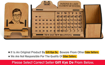 GIFT KYA DE 1 Compartments Wooden Desk Calender to Lifetime Infinite Perpetual Calendar 2023 / Mini Slide with Mobile Stand / Pen Holder (Bill Gates)(Brown)