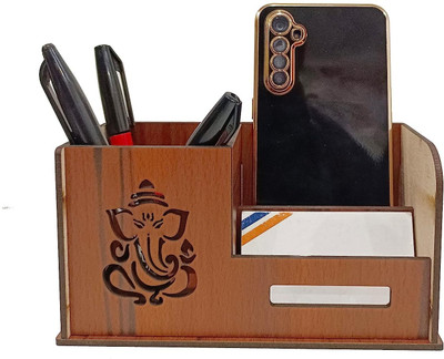 Amaancraft 3 Compartments Wooden Pen Stand with Visiting Card & Mobile Holder Pen and Pencil Stand for Office(Brown)