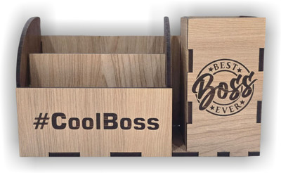 ART OCEAN 3 Compartments Wooden Desk Organizer Pen Stand Gift for Boss for Stationery, Visiting Cards & Mobile(Beige)