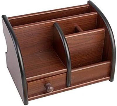 RAKHOPA 6 Compartments Wooden Multipurpose Wooden Desk Organizer Pen/Pencil Stand Big with Drawer, Stationery Stand Mobile Holder & Remote Stand for Office Desk/Desktop/Table Storage Organizer Case Box(Brown)