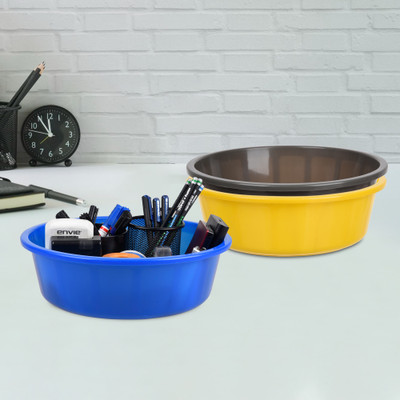 KUBER INDUSTRIES 3 Compartments Plastic Desk Organizer(Yellow & Gray & Blue)