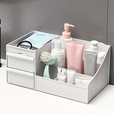 Charmpeak 7 Compartments Two-Drawer Organizer in Plastic for Cosmetics and Stationary Drawer organizer box(White)