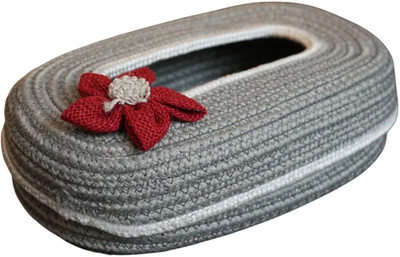 Ariya 1 Compartments PP & Cotton Blend Tissue Box Holder Oval Handcrafted Red Flower Design 3x5x11.7 Inch 100 Pulls(Light Gray, White Line)