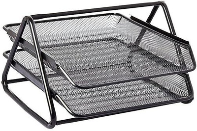 SkyFurnish 2 Compartments Metal Mesh OfficeMate 2-Tier File Organizer | Sturdy Document Tray Rack for Study Table(Black)