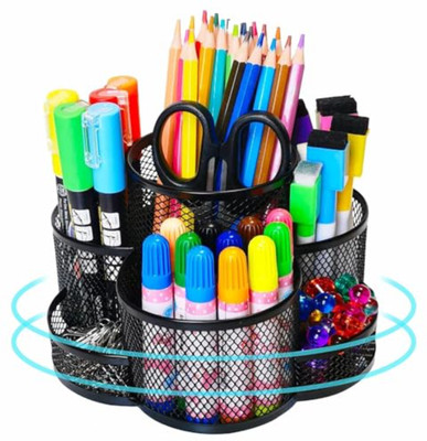 CraftXpress 7 Compartments Metal Rotateable Stationery Items Organizer for Office Aesthetic Pen Stand Holder(Black)