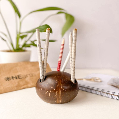 Onearth 3 Compartments Coconut Shell Pen Stand(Brown)