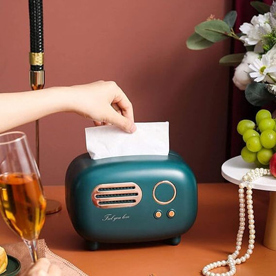 JAMBUVANTI 1 Compartments ABS PLASTIC Retro Radio Model Tissue Box(Green)