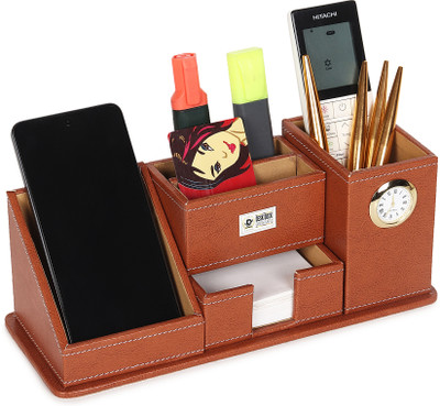 DeskDock 6 Compartments Genuine Leather Pen stand Desk Organiser for Office, Home Table, Pencil/Pen Stand Mobile Holder with Watch(Brown)