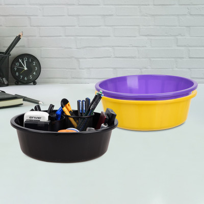 KUBER INDUSTRIES 3 Compartments Plastic Desk Organizer(Yellow & Purple & Black)