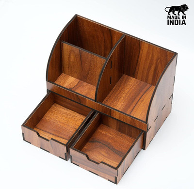 GENIYO 5 Compartments Wooden Desk Organizer for Home Study Table | Office Table, Pencil/pen Mobile Holder Stand with 2 Drawer(Brown)