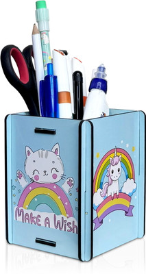 Raptech 1 Compartments Wooden Cute Pencil & Pen Holder for Kids |Cartoon Cat & Unicorn Design|Desk Organizer(Sky Blue)