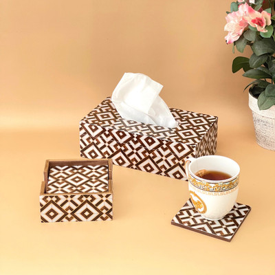 casagold 2 Compartments MDf Brown & Gold Tissue Holder Box & Set of 6 MDF Wood Coaster Combo for Dining Room(Brown)