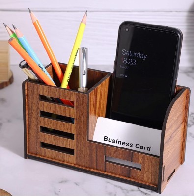 UrbanLane 3 Compartments Wooden 2 in 1 pen stand with mobile holder and visiting card holder(Brown)