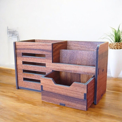 SAKO 4 Compartments Wood Pen Holder(Brown)