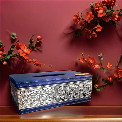 URBAN VIBES 1 Compartments Mdf Wood tissue holder(Blue, Silver)