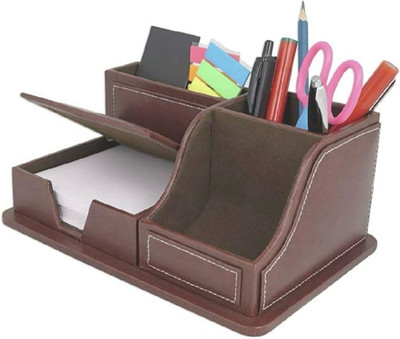 Radisson 4 Compartments Leather Premium Faux Leather Brown Paper/Memo/Mobile Phone/Card Holder Desk Organizer(Brown)