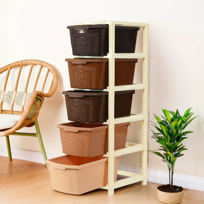 KUBER INDUSTRIES 5 Compartments Plastic Modular 5-Layer & 92 Ltr Plastic Drawer Storage Organiser | Chocolate Brown(Chocolate Brown)