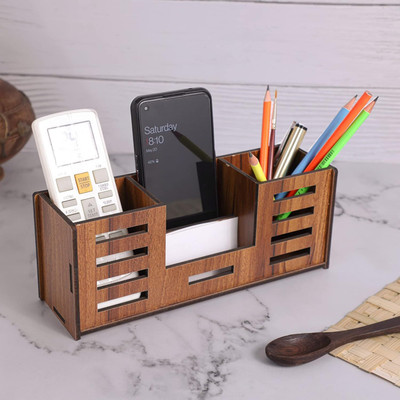 Satvat 4 Compartments Pen Stand with Remote, Business Visiting Card & Mobile Holder | Multipurpose Desk Organizer for Office and Study Table.(Brown)