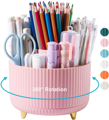 CountryLink 5 Compartments ABS Plastic Pink 360°-Degree Rotating Multi-Functional Pen Holder, Office Desk Organizer(Pink)